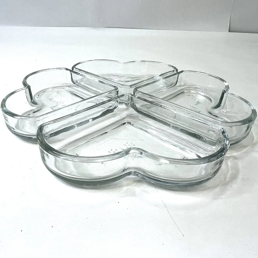 Pfaltzgraff Blossom Embossed‎ Heart Shaped Relish Tray Clover Leaf Clear Glass